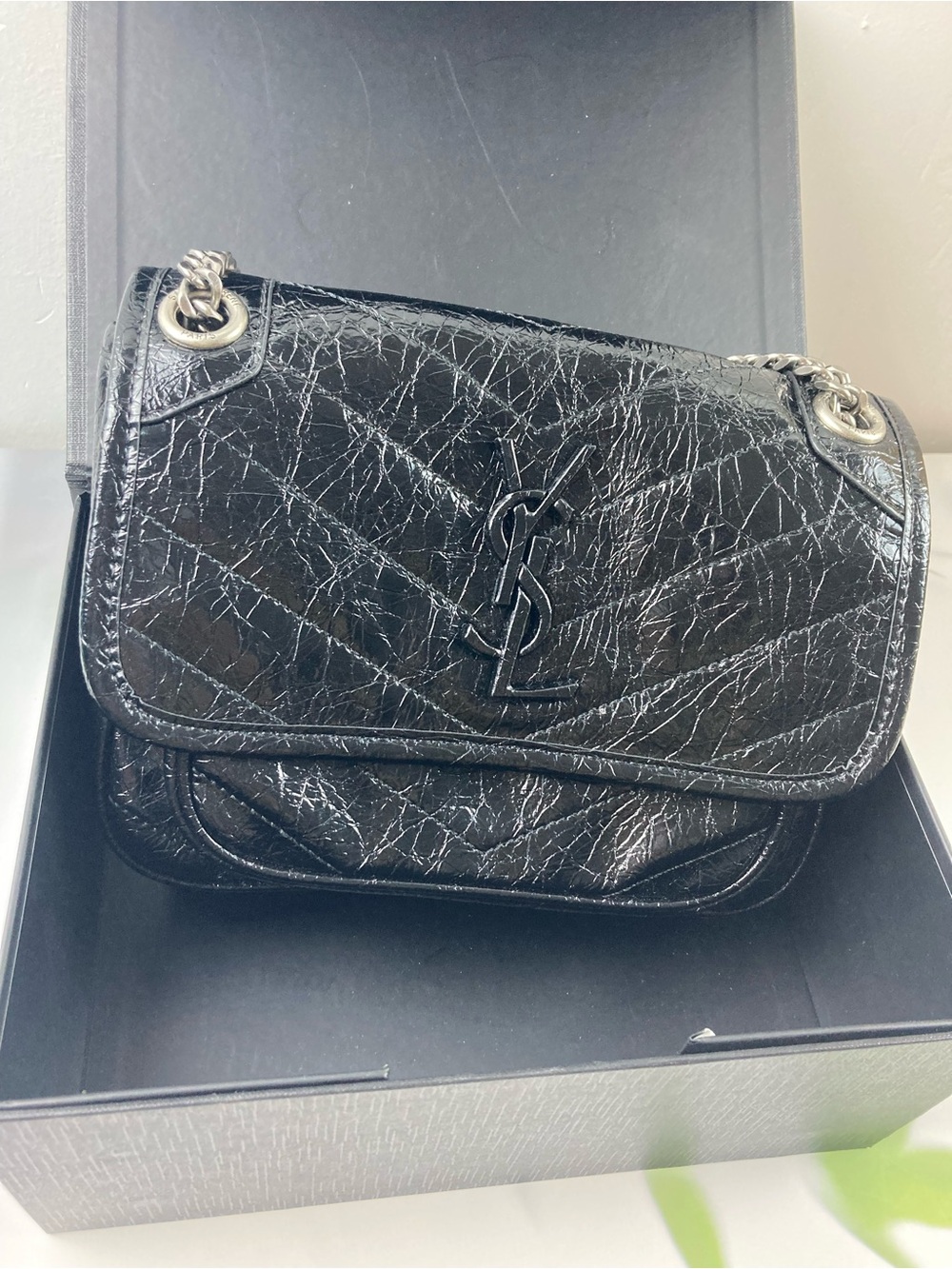 Saint Laurent Black Crinkled Leather Chain Shoulder Bag